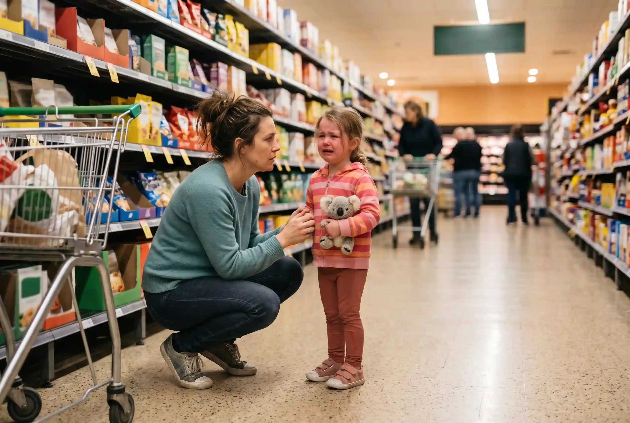 1-single-mum-crouching-beside-her-upset-child-in-a-supermarket-aisle - Beanstalk Mums single mum crouching beside her upset child in a supermarket aisle