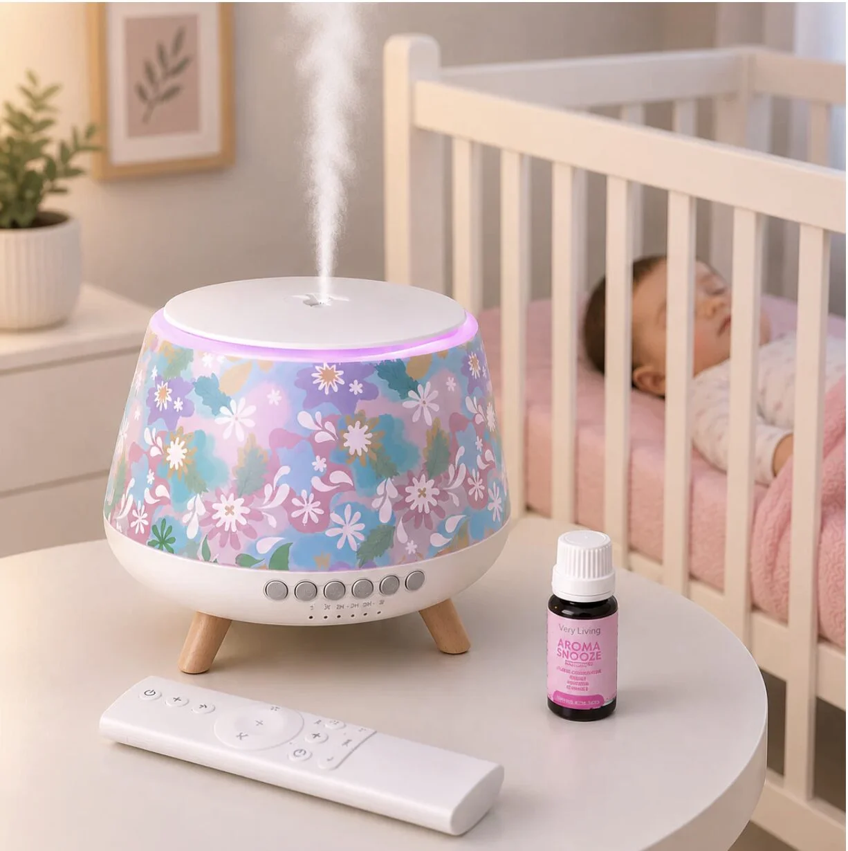 Floral-patterned humidifier on a white round table releasing mist, in a nursery with a sleeping baby in a crib nearby.