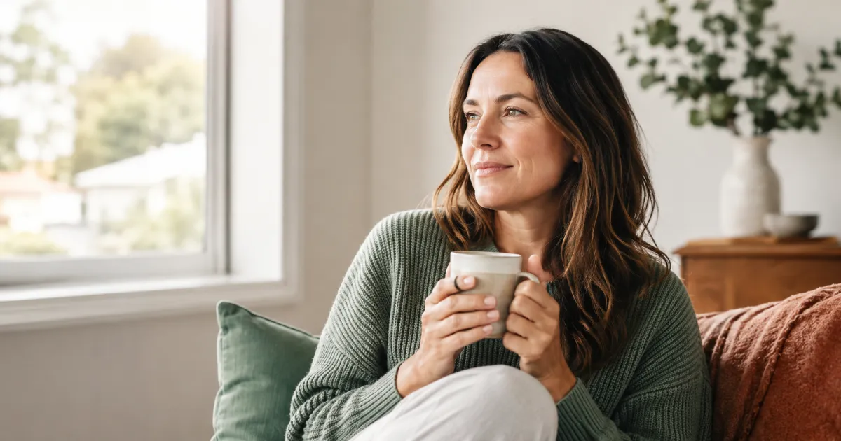Woman in a green sweater sits on a couch by a sunlit window, holding a mug and gazing thoughtfully outside while relaxing at home.